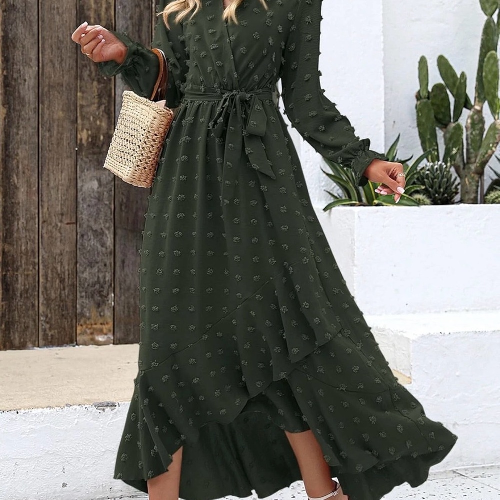 BTFBM V-Neck Swiss Dot Boho Flowy Ruffle Slit Maxi Cocktail Dress Green Size L - Picture 2 of 5